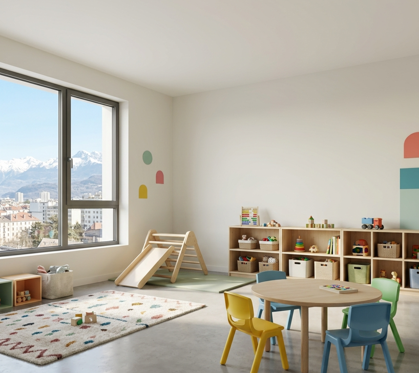 Parent et enfant dans un univers chaleureux de recherche de place en crèche à Grenoble.